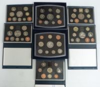 Royal Mint UK proof coinage deluxe case sets 1995-2001, with certificates