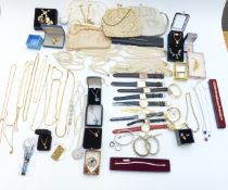 A collection of costume jewellery including watches, diamanté necklace, brooches, necklaces, etc