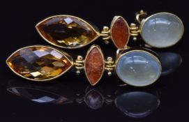 A pair of 18ct gold earrings set with citrine, chrysoberyl and sunstone, 13.5g