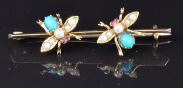 Edwardian 15ct gold brooch depicting two insects set with turquoise, seed pearls and rubies,
