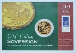 2001 gold full sovereign in Royal Mint Gold Bullion presentation pack