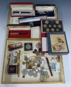 Cased Parker and Sheaffer fountain pens, 9ct gold mounted cheroot holder, coins, Royal Mint 1989