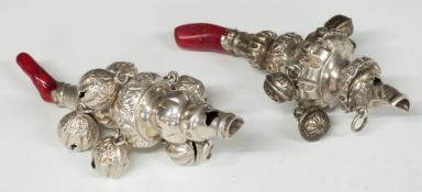 Victorian coral handled baby's rattle, London 1883, maker Roberts & Belk, together with another