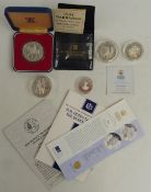 Five silver commemorative coins, one cased, some certificates