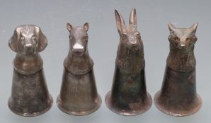 Set of four silver plated novelty stirrup cups depicting horse, hound, fox and hare, tallest 13cm