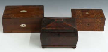 Mother of pearl inlaid rosewood work box with lift-out tray, mahogany tea caddy and a Tunbridge Ware