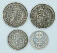 Queen Victoria 1888 Jubilee Maundy fourpence EF, together with two 1887 shillings and a George III