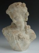 19thC carved alabaster bust of a lady with flower garland in her hair, H42cm