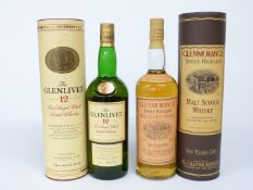 Glenlivet 12 year old Pure Single Malt Scotch Whisky, 1 litre, 40% vol and Glenmorangie 10 year