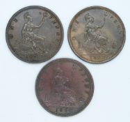 Victorian penny 1860 with beaded borders, together with an 1872 example and an 1874 Heaton Mint