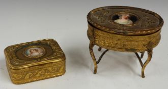 Two gilt metal boxes with inset portrait miniatures of 19thC ladies, largest W9 x D7 x H7cm