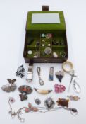 A collection of jewellery including lucite pendant, silver necklaces, rings, cameo, Trifari clip etc