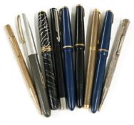 Nine various fountain pens and propelling pencils including The Conway Stewart 58 , Parker