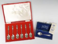 Cased set of six hallmarked silver teaspoons and a Boston Tea Party commemorative liberty spoon,