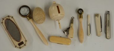 Ivory and bone collectables to include box with gold inlaid decoration and frame to the oval mirror,