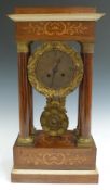 Early to mid 19thC French inlaid rosewood four pillar mantel clock, the brass dial with Breguet