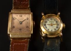 Two 18ct gold ladies wristwatches, one Titus with black hands, gold Arabic numerals and bronze dial,
