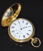 Unnamed 18ct gold keyless winding half hunter pocket watch with inset subsidiary seconds dial, blued