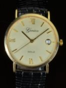 Swiss 9ct gold gentleman's wristwatch with date aperture, gold hands, Roman numerals and baton