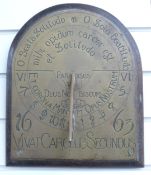 A 19thC Brass wall-mounted sundial on oak mount, the Latin inscription referring to the Blessed