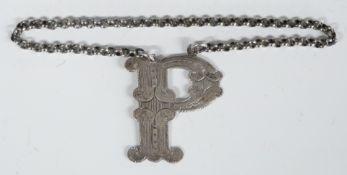 Victorian Scottish hallmarked silver P bottle ticket or label, Edinburgh hallmark, maker's mark