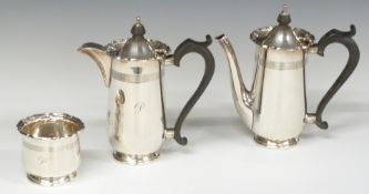 Walker & Hall hallmarked silver bachelor's teapot, hot water jug and sugar bowl, Sheffield 1957,