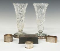 Two hallmarked silver and one white metal napkin ring, weight 70g, steel box with niello hinged