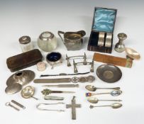 White metal coin based dish, hallmarked silver lid and a hallmarked silver ladle bowl, weight 96g,