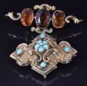 Victorian mourning brooch set with turquoise, verso a glass compartment, and another Victorian
