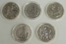 Five 1oz silver Britannia coins, 2006, 2007, 2009, 2011 and 2013