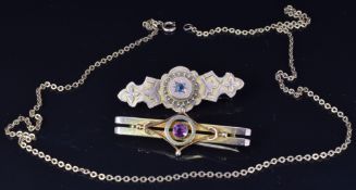 Two 9ct gold brooches and a 9ct gold chain, 7.7g