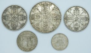 Five Queen Victoria Jubilee head coins for 1887 comprising crown, two florins, shilling and sixpence