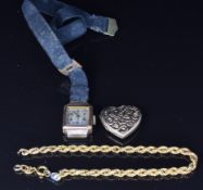 A 9ct gold watch, section of 9ct gold chain, 2.5g, and 9ct gold back and front locket