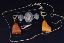 A 9ct gold stick pin set with a diamond, a pair of amber earrings, 9ct gold chain, 9ct gold clip (