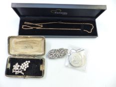 A 9ct gold necklace, 1.3g, brooches etc