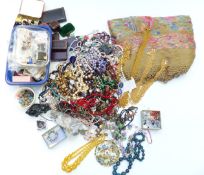 A collection of costume jewellery including vintage jewellery boxes, silver brooch, beaded