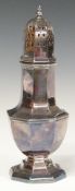 Modern octagonal hallmarked silver sugar caster of baluster form, height 21cm, weight 242g