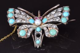 Victorian brooch in the form of a dragonfly/ butterfly set with rose cut diamonds, turquoise