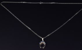 A 9ct gold horseshoe pendant set with sapphires and diamonds, on 9ct gold chain, 2.7g, length 51cm