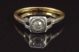 Art Deco 18ct gold ring set with a diamond in a square platinum setting, size J, 1.9g