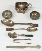 Hallmarked silver mustard and two fiddle pattern spoons, all marked West & Son of Dublin, caddy or