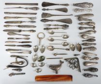 Quantity of hallmarked silver handled items, mounts, plated spoons and various collectables