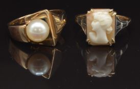 A 9ct gold ring set with a cameo, size L and a 9ct gold ring set with a pearl, size M, 6.3g