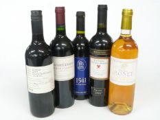 Five bottles of wines comprising The King's School Gloucester 2003 Merlot 14% vol, South