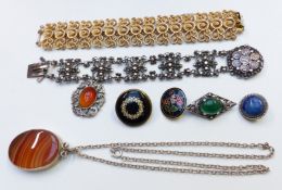 Silver jewellery including a bracelet, brooch and pendant, together with other brooches