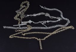 A 9ct gold ingot and chain (11.1g), silver fob chain, silver Albert and another chain