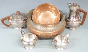 SIlver plated Walker and Hall four piece teaset and Eastern copper bowls with geometric