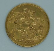 1876 Queen Victoria young head gold full sovereign, Melbourne Mint
