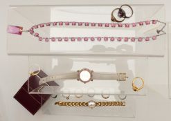 Two 9ct gold rings, 6.5g, three silver rings, paste necklace, Citizen ladies watch etc