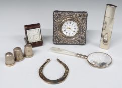 Doxa Art Deco leather cased travelling clock, length when closed 43mm, hallmarked silver mounted